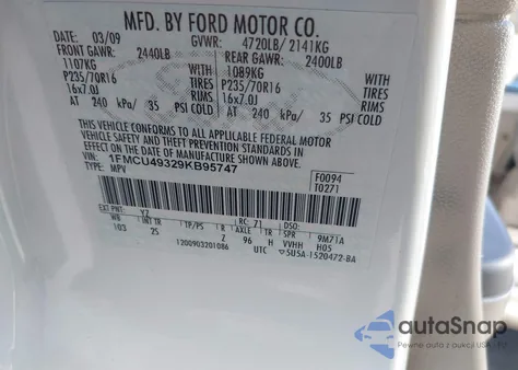 2009 Ford Escape Hybrid z USA, uszkodzony, nr VIN 1FMCU49329KB95747